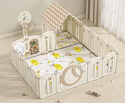 Gardulet loc de joaca Nichiduta Garden Moon House Coffee 200x160 cm cu poarta de siguranta, cos de baschet, tabla de scris, covoras din spuma 1cm grosime, cuburi, cosulet pliabil, 100 bile si casuta