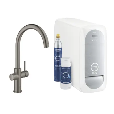 Baterie bucatarie Grohe Blue Home 31455AL1, 3/8, monocomanda, tip C, pipa inalta, filtare, racire, apa carbogazoasa, pivotanta, limitator, mat, Hard Graphite