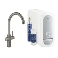 Baterie bucatarie Grohe Blue Home 31455AL1, 3/8, monocomanda, tip C, pipa inalta, filtare, racire, apa carbogazoasa, pivotanta, limitator, mat, Hard Graphite