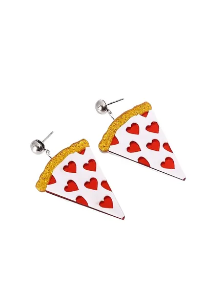 Cercei argintii - forma de felie de pizza - cu inimioare rosii - Axeline C14