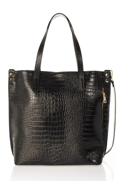 Geanta shopper din piele cu aspect de piele de crocodil - Negru