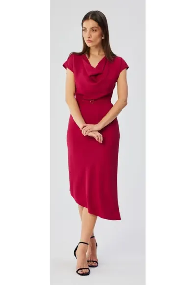 Rochie asimetrica cu decolteu in cascada - pruna