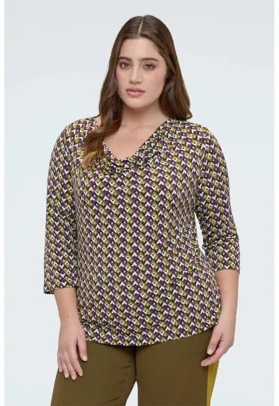 Bluza cu model si decolteu drapat - Alb/Violet