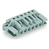 THT female header; 0.6 x 1.0 mm solder pin; angled; Spacer flange; Pin spacing 5 mm; 4-pole; gray