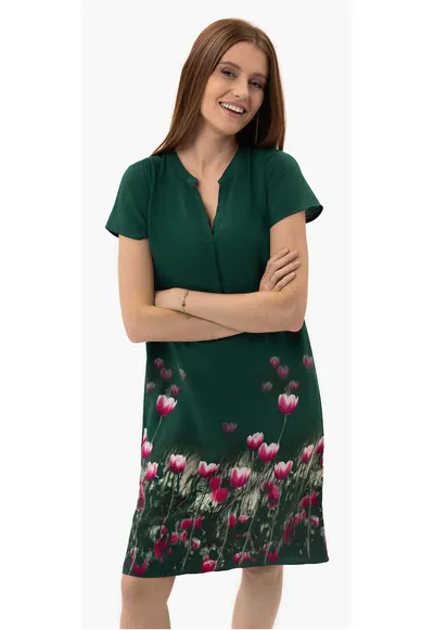 Rochie G-May - larga - cu flori - Verde inchis