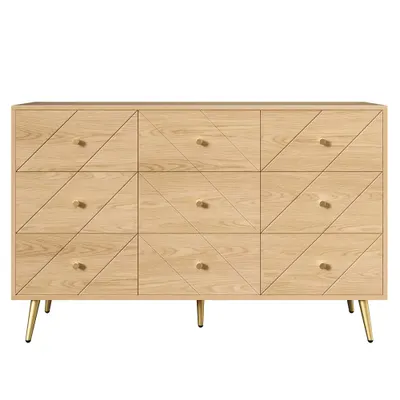 Comodă cu 9 sertare, cu mult spațiu de depozitare, modele geometrice, 120x39x80 cm, Culoare naturală
