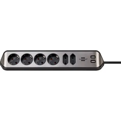 Prelungitor pentru perete/colt Brennenstuhl Estilo 6 prize, 2 USB, 3.1 A, 2m inox, adeziv inclus, argintiu-negru 1153590610