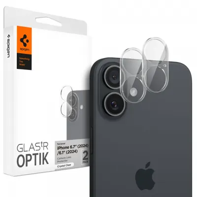Folie de protectie Camera Spate Spigen GlastR Optik pentru Apple iPhone 16 Plus / 16, Sticla Securizata, Set 2 bucati, Transparenta AGL07923
