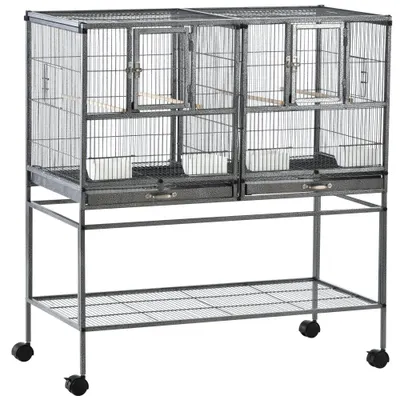 PawHut Colivie Dubla pentru Pasari din Metal cu Tavi Detasabile Suport cu 4 Roti si Raft,95x45.5x102cm, Neagra Gri | Aosom Romania