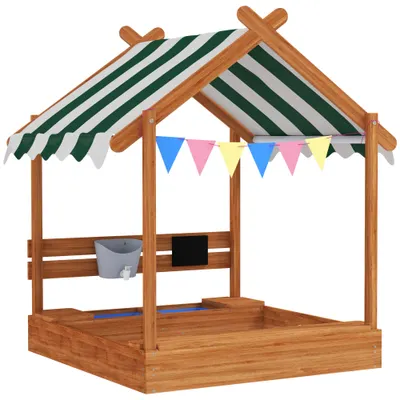 Outsunny Nisipar pentru copii cu copertină 6 fanioane 2 tăvi robinet și tablă în formă de căsuță pentru curte 124x116x146 cm Portocaliu | Aosom Romania