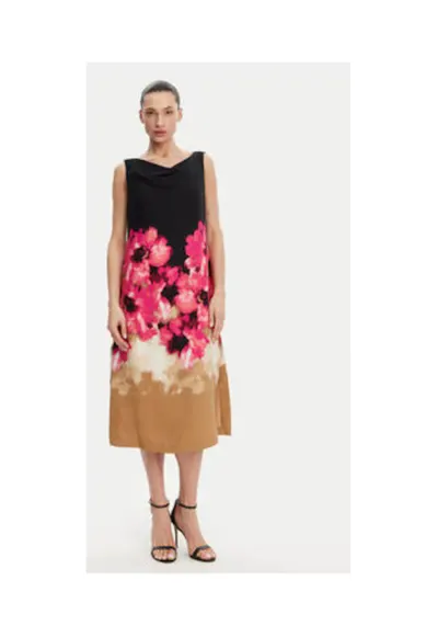 Rochie cu croiala in A - imprimeu floral - DD4KH09C - poliester - Negru/Bej/Roz