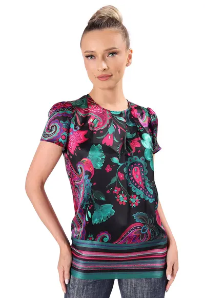 Bluza eleganta din matase naturala imprimata cu motive paisley BYX-C5X - Turcoaz