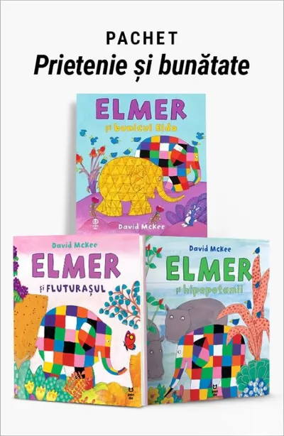 Pachet Prietenie și bunătate. Elmer și bunicul Eldo/Elmer și fluturașul/Elmer și hipopotamii