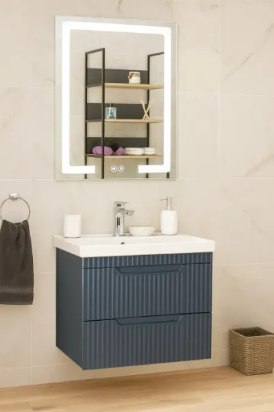 Set Baza front MDF cu Lavoar si Oglinda cu iluminare LED, seria 733, suspendata, cu sertare, montat, 60 cm, antracit