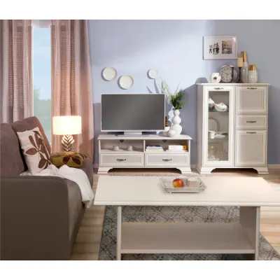 Set living TIFFANY II, 3 piese, comode TV cu 2 sertare, comoda cu 3 usi si 1 sertar, masuta de cafea, crem fineline