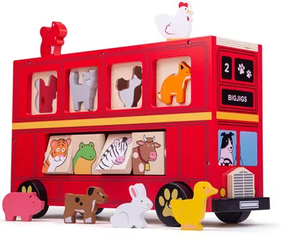 Jucarie de sortat din lemn Bigjigs - Autobuz cu animalute