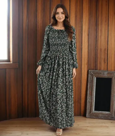 Rochie lunga de vara cu maneca 3 4 - imprimeu floral verde