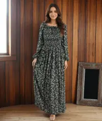 Rochie lunga de vara cu maneca 3 4 - imprimeu floral verde