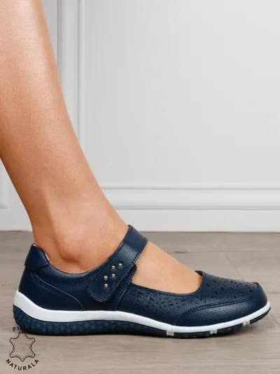 Balerini dama din Piele Naturala cu inchidere velcro CRL1548 BLEUMARIN