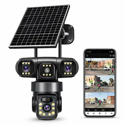 Cameră Supraveghere 4G Solară, 4 Camere Reale 360°, cu SIM, Panou Solar, 20cm, Vedere Nocturnă Color, Audio Bidirecțional, Senzor Mișcare, Control prin Telefon