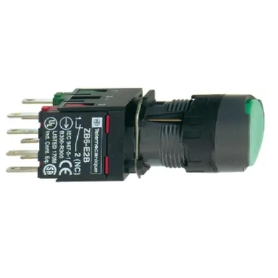 Buton Iluminat Verde Ø 16, Rotund, Blocare Incastrata, 12, 24 V, 1No+1Nc