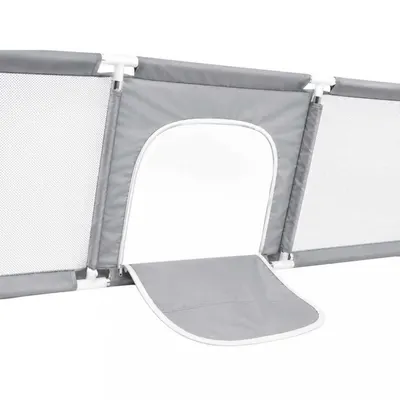 Tarc de joaca pentru copii Grey, design modern si sigur, acces mare cu fermoar, porti de fotbal si cos de baschet integrate, dimensiune 120 x 180 cm