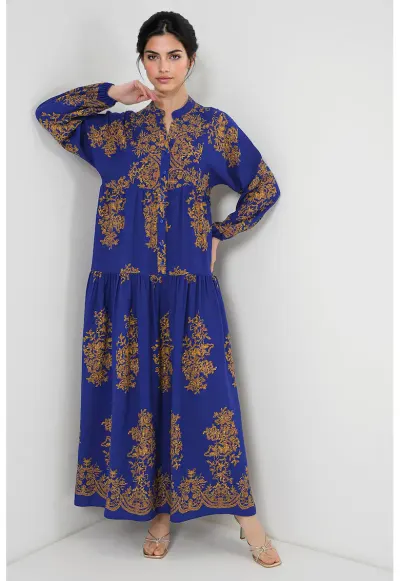 Rochie maxi dama - HiCCUP - inchidere cu nasturi - viscoza - cu imprimeu - galben/albastru