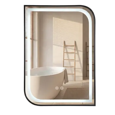 Oglinda baie cu iluminare LED 80x60 cm, cu functie dezaburire, rama negra, Rea Zone
