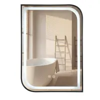Oglinda baie cu iluminare LED 80x60 cm, cu functie dezaburire, rama negra, Rea Zone