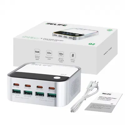 Incarcator Statie Relife Q2, 120W, 5A, 4 x USB-A - 4 x USB-C, Argintiu
