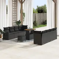Set canapea gradina 11 piese cu perne negru ratan poly acacia, set dining gradina 3 piese cu perne negru ratan poly acacia