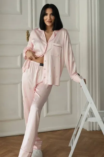 Set pijama dama din doua piese, cu nasturi – 2500020, Roz pudrat