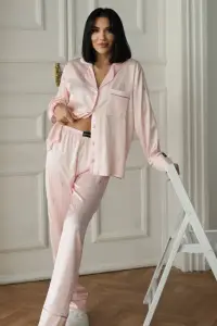 Set pijama dama din doua piese, cu nasturi – 2500020, Roz pudrat