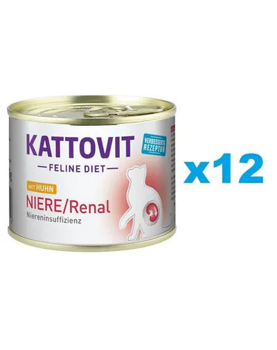 KATTOVIT Feline Diet Niere/Renal hrana umeda dietetica pentru pisici cu afectiuni ale rinichilor, cu pui 12 x 185 g