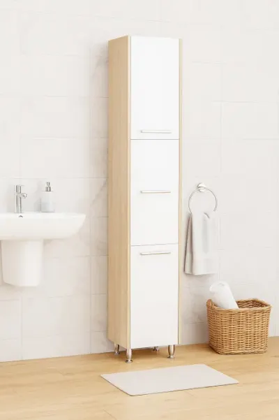 Dulap baie seria 020, 3 usi, alb + sonoma, 30x30x180 cm