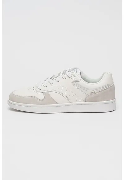 Pantofi sport low-cut din piele si piele intoarsa cu detaliu perforat - Maro taupe deschis/Alb murdar