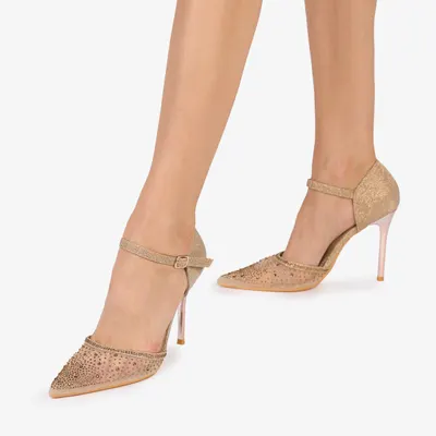 Pantofi Eleganti Dama din Piele Ecologica si Strasuri Aurii cu Toc Subtire Crl1030 Auriu