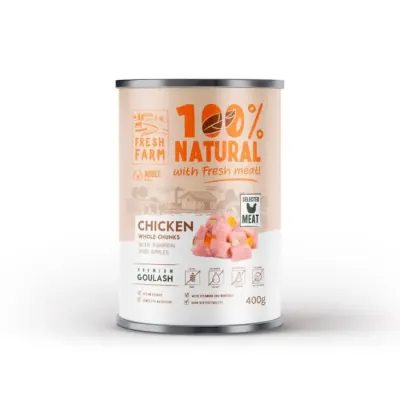 Conserva pentru caini Fresh Farm Goulash cu pui, dovleac mere 400 gr
