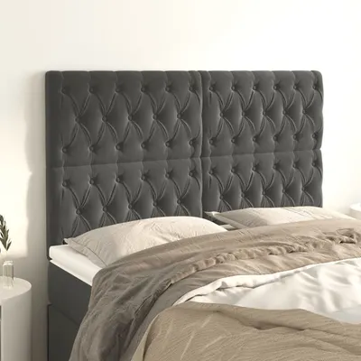 vidaXL Tăblie de pat gri închis 144x7x118/128 cm catifea