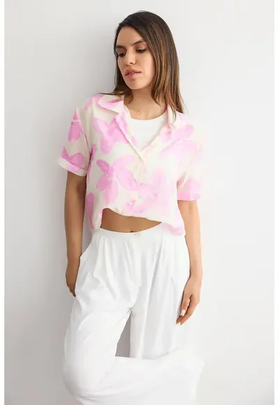Camasa scurta cu imprimeu floral - roz - organza - pentru primavara-vara