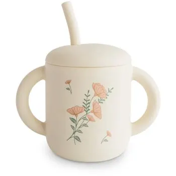 Mushie Silicone Training Cup Pink Flowers ceasca cu pai