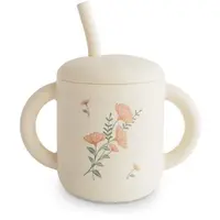 Mushie Silicone Training Cup Pink Flowers ceasca cu pai