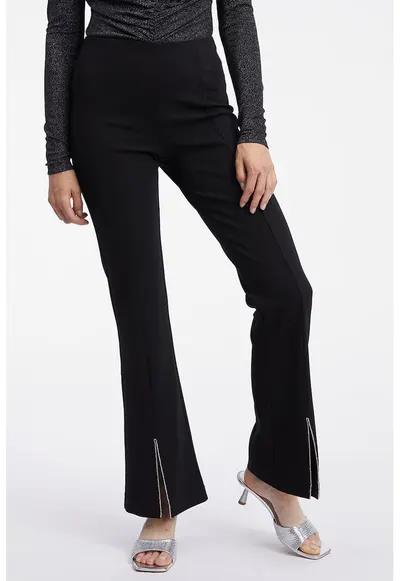 Pantaloni cu talie inalta si model uni - Negru