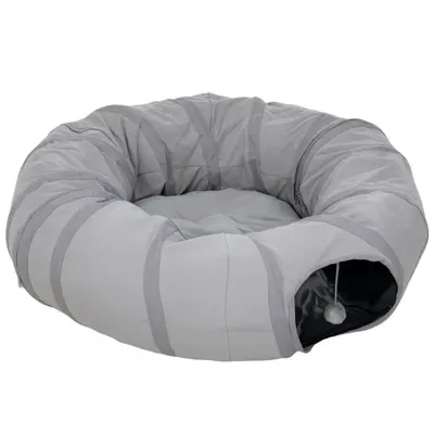PawHut Tunel pentru pisici interior, tunel rotund cu pat și pernă, pliabil, cu găuri pentru mingi și vizor, Ø 90 x 27 cm gri | Aosom Romania