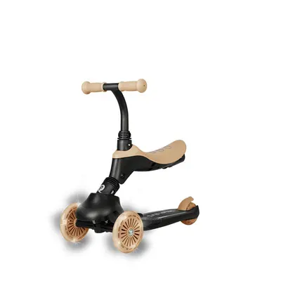 Trotineta pentru copii QPlay Sema EVO Bej 6 in 1 multifunctionala cu scaunel, maner telescopic parental, inaltime ajustabila, cadru din aluminiu, greutate admisa 50 kg