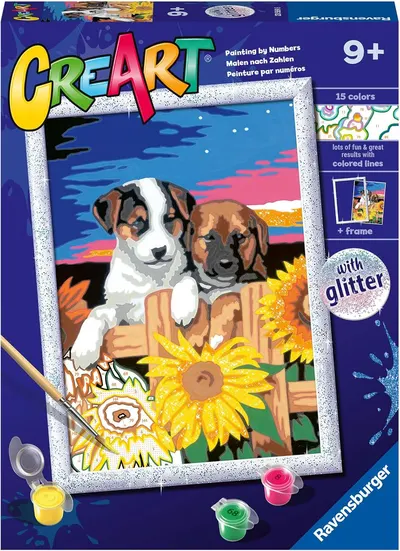 Set de pictură pe numere Ravensburger CreArt - Câini și floarea-soarelui