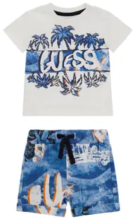 Set de 2 piese Guess - Tricou cu palmieri și pantaloni scurți, bleumarin, 3-6 luni
