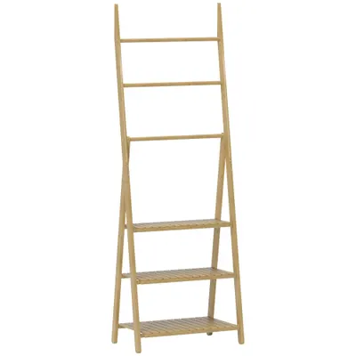 HOMCOM Raft Baie Pliabil pentru Prosoape cu 3 Rafturi și 3 Bare, 53,5x30x153 cm, Lemn Natural | Aosom Romania