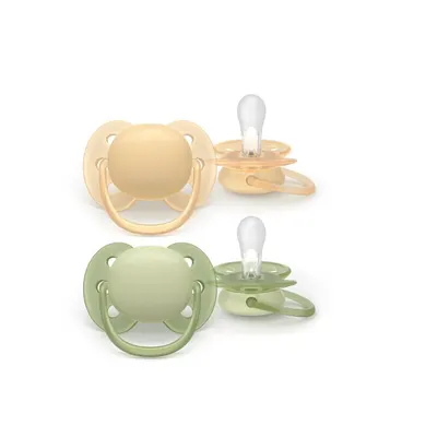 Set 2 suzete, Philips Avent, Colectia Ultra Soft , Ortodontice, Fara BPA, Cu disc flexibil, Pentru pielea sensibila a bebelusului, 6-18 luni, Galben/Verde