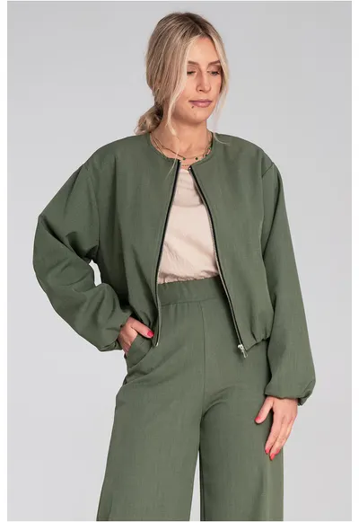 Geaca bomber verde masliniu - material textil - croiala lejera - cu fermoar si buzunare laterale
